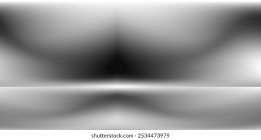 Fondo de estudio de patrón abstracto degradado en blanco y negro La luz da un brillo lujoso. Las paredes y el suelo de la habitación son de metal brillante y plano, con curvas y dimensiones profundas. Vector