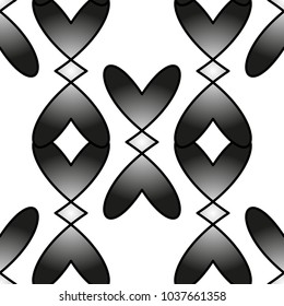Black and white gradient hearts and rhombuses seamless pattern