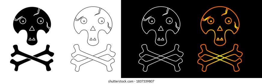 Black, white and gradient skull icon on white and black isolated backgrounds. Skull with bones icon for Halloween Logo design for business, school, hotel, leisure, competitions, etc