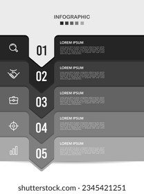 Black and white gradient vertical infographic 5 steps to success. Vector illustration.