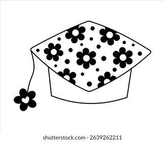 Black and white Graduation Cap doodle, school, university, education, cute seasonal hand drawn vector illustration in flat style	
