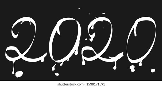 Black and white graffiti 2020 new year. Numbers with smudges of paint and drops. Template for greeting card or banner. Vector illustration