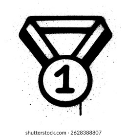 Black and white graffiti art of a first place medal with bold spray paint lines and dripping ink effect.