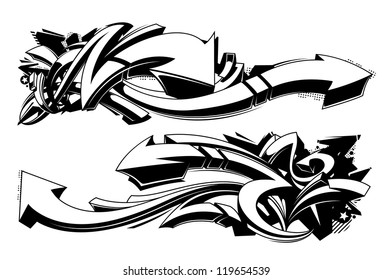 Black and white graffiti backgrounds. Horizontal graffiti banners. Vector illustration.