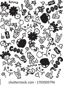 Black and white graffiti. Fingers, hearts, monsters, and more. Vector
