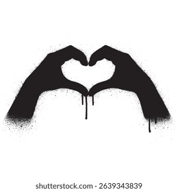 Black and White Graffiti Heart Hand Symbol with Spray and Drips.