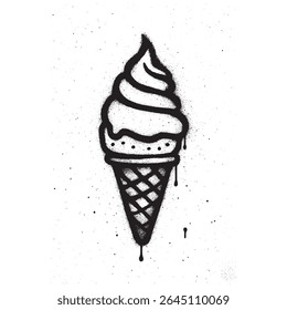 Black and White Graffiti Ice Cream Cone with Spray Paint Drips.	
