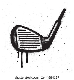 Ilustração em grafite preto e branco de uma cabeça de clube de ferro de golfe com textura de pintura de spray e efeito de tinta gotejante.	