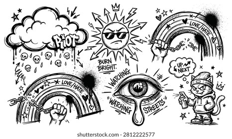 Black and white graffiti set showcases street art elements, urban culture, rebellious youth, and pop art style. Collection includes sun, skull, rainbow, heart, eyes, cloud, and cat graffiti in doodle sketch art.