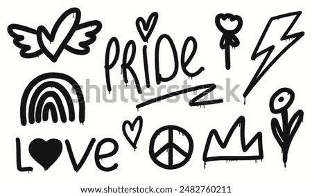 Black and white graffiti set in street style. Heart with wings, rainbow, pride text, peace symbol, love, crown, lightning bolt, and flowers. Ideal for urban, modern, and expressive designs.