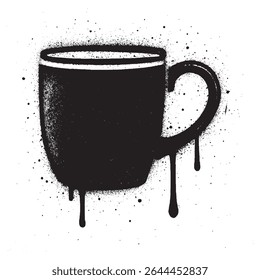 Black and White Graffiti Spray Brush Coffee Mug Icon with Paint Drips.