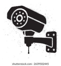 Black and White Graffiti Spray of Security Camera with Paint Drips.