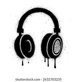 Black and white graffiti style illustration of headphones created with spray paint and stencil technique.