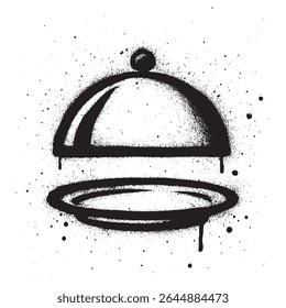 black and white graffiti style illustration of a cloche or food serving tray, created with spray paint on a white background.