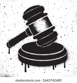 Black and White Graffiti Style Judge Gavel Icon with Paint Drips.	