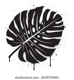 Black and white graffiti style Monstera leaf illustration with spray paint texture, paint drips, and splatter effects.
