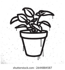 Black and White Graffiti Style Potted Plant with Spray Drips Illustration.	