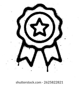 Black and white graffiti style spray paint illustration of an award ribbon with a central star and two tails.