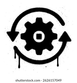 Black and white graffiti style vector illustration of a gear with clockwise rotation arrows, created with spray paint effect and ink splatters.