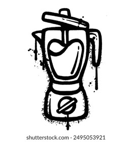 Una ilustración en blanco y negro de estilo graffiti de una cafetera sobre un fondo blanco.