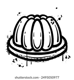 A black and white graffiti-style illustration depicting a round jelly mold on a plate.