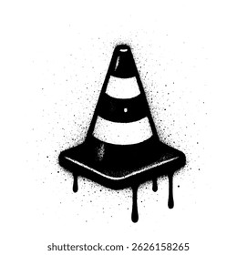 black and white graffiti-style illustration of a traffic cone, featuring bold spray paint textures, dripping black ink, and artistic splatter effects.