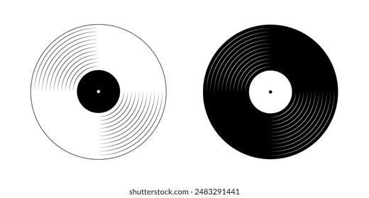 Black and white gramophone vinyl plate icons. LP or long play music records. DJ equipment. Techno party or 70s 80s 90s discotheque nostalgia concept. Vector graphic illustration.