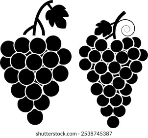 Silhuetas de aglomerado de uva preta e branca, ideal para rótulos de vinho, ícones de alimentos, gráficos culinários, embalagem de produtos orgânicos, ilustrações de natureza, decoração de cozinha, arte de parede e desenhos botânicos