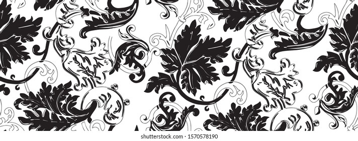 black and white grape leaves.  geometric seamless pattern vector in ancient style design for curtain, Vintage background for textile, fabric, wrapper, wallpaper, surface. curtain, dress, scarves, tie