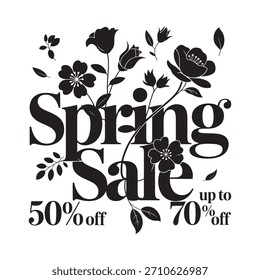 Un gráfico en blanco y negro anunciando una venta de primavera con Elementos florales y porcentajes de descuento de 50 y 70.