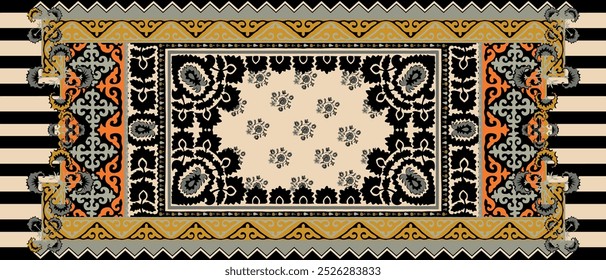 Fundo gráfico preto e branco, padrão dupatta de renda geométrica com quadro.