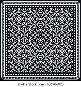 Black and white graphic background, geometric lace pattern with frame, tribal ethnic ornament, line art. Bandanna shawl fabric print, silk neck scarf or kerchief design, vector illustration. 