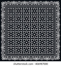 Black and white graphic background, geometric lace pattern with frame, tribal ethnic ornament, line art. Bandanna shawl fabric print, silk neck scarf or kerchief design, vector illustration. 