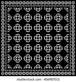 Black and white graphic background, geometric lace pattern with frame, tribal ethnic ornament, line art. Bandanna shawl fabric print, silk neck scarf or kerchief design, vector illustration. 