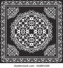 Black and white graphic background, geometric lace pattern with frame, tribal ethnic mandala ornament, line art. Bandanna shawl fabric print, silk neck scarf or kerchief design, vector illustration. 