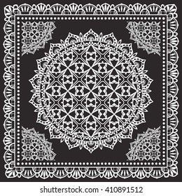 Black and white graphic background, geometric lace pattern with frame, tribal ethnic mandala ornament, line art. Bandanna shawl fabric print, silk neck scarf or kerchief design, vector illustration. 
