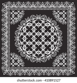 Fundo gráfico preto e branco, padrão de renda geométrica com quadro, ornamento de mandala étnica tribal, arte de linha. impressão de tecido de xale de Bandanna, cachecol de seda ou design de kerchief, ilustração vetorial. 