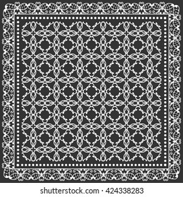 Black and white graphic background, geometric lace pattern with frame, tribal ethnic ornament, line art. Bandanna shawl fabric print, silk neck scarf or kerchief design, vector illustration. 