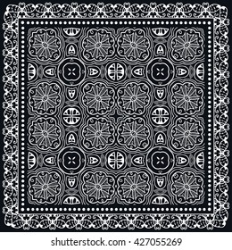 Black and white graphic background, geometric lace pattern with frame, tribal ethnic ornament, line art. Bandanna shawl fabric print, silk neck scarf or kerchief design, vector illustration.