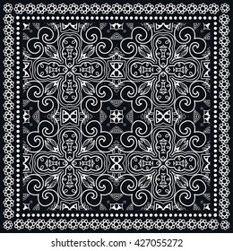Black and white graphic background, geometric lace pattern with frame, tribal ethnic ornament, line art. Bandanna shawl fabric print, silk neck scarf or kerchief design, vector illustration.