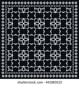 Black and white graphic background, geometric lace pattern with frame, tribal ethnic ornament, line art. Bandanna shawl fabric print, silk neck scarf or kerchief design, vector illustration.