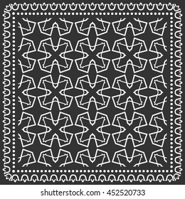 Black and white graphic background, geometric lace pattern with frame, tribal ethnic ornament, line art. Bandanna shawl fabric print, silk neck scarf or kerchief design, vector illustration.