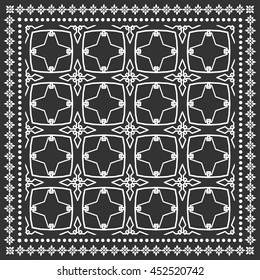 Black and white graphic background, geometric lace pattern with frame, tribal ethnic ornament, line art. Bandanna shawl fabric print, silk neck scarf or kerchief design, vector illustration.
