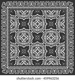 Black and white graphic background, geometric lace pattern with frame, tribal ethnic ornament, line art. Bandanna shawl fabric print, silk neck scarf or kerchief design, vector illustration.