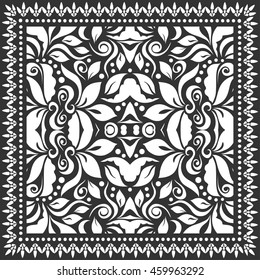 Black and white graphic background, geometric lace pattern with frame, tribal ethnic ornament, line art. Bandanna shawl fabric print, silk neck scarf or kerchief design, vector illustration.