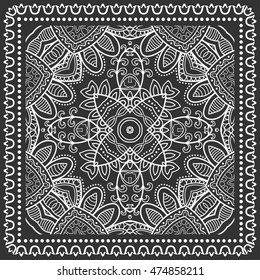 Black and white graphic background, geometric lace pattern with frame, tribal ethnic ornament, line art. Bandanna shawl fabric print, silk neck scarf or kerchief design, vector illustration.