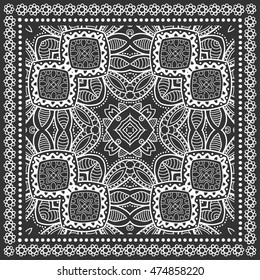 Black and white graphic background, geometric lace pattern with frame, tribal ethnic ornament, line art. Bandanna shawl fabric print, silk neck scarf or kerchief design, vector illustration.