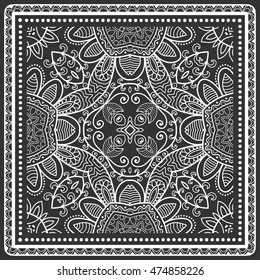 Black and white graphic background, geometric lace pattern with frame, tribal ethnic ornament, line art. Bandanna shawl fabric print, silk neck scarf or kerchief design, vector illustration.