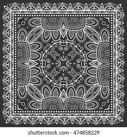 Black and white graphic background, geometric lace pattern with frame, tribal ethnic ornament, line art. Bandanna shawl fabric print, silk neck scarf or kerchief design, vector illustration.