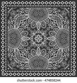 Black and white graphic background, geometric lace pattern with frame, tribal ethnic ornament, line art. Bandanna shawl fabric print, silk neck scarf or kerchief design, vector illustration.